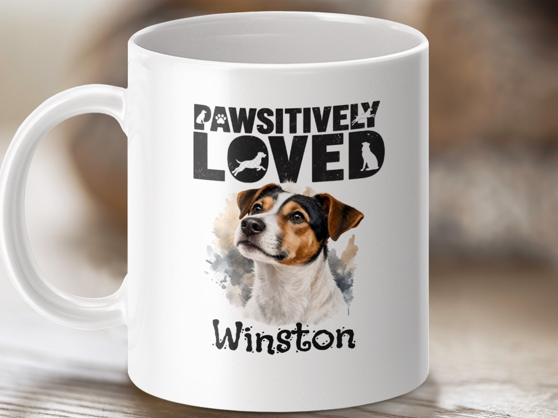 White mug with "PAWSITIVELY LOVED" text and a dog portrait labeled "Winston."