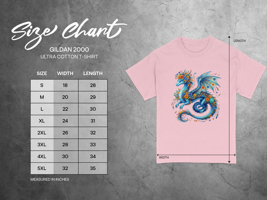 Gildan 2000 Ultra Cotton T-shirt size chart featuring a dragon graphic.