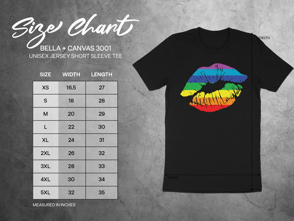 Size chart for Bella + Canvas 3001 unisex short sleeve tee with rainbow lips.