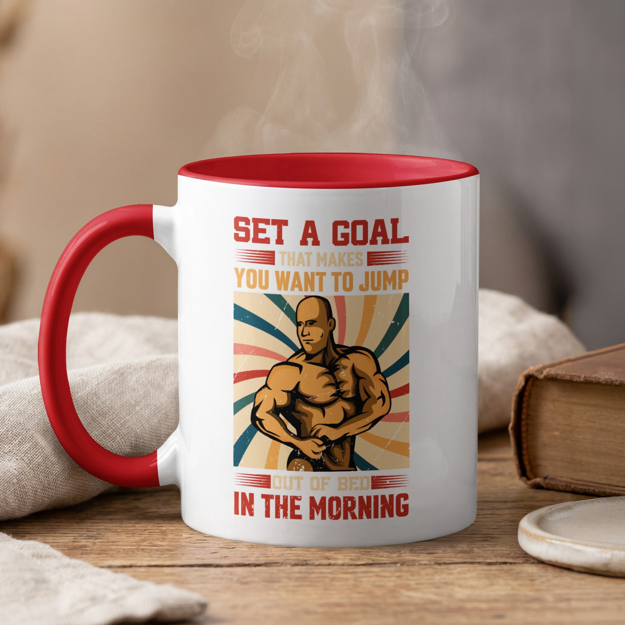 Mug with bodybuilder and inspirational quote "Set a goal that makes you want to jump out of bed in the morning."