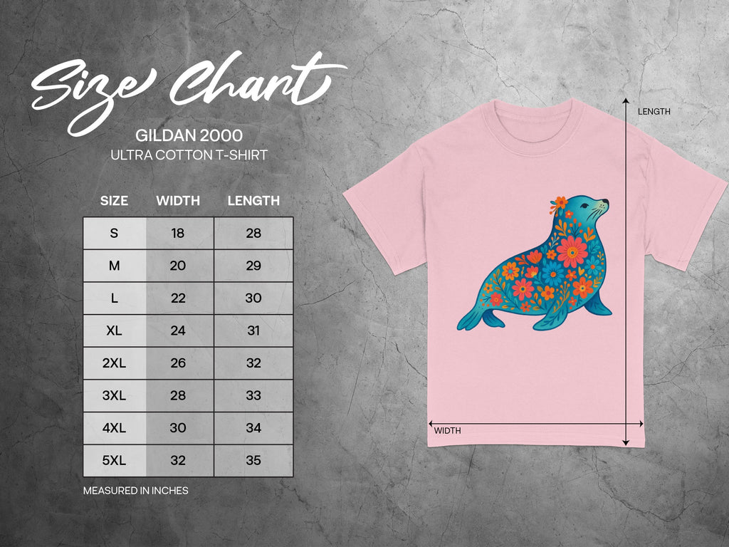 Gildan 2000 Ultra Cotton T-Shirt size chart with floral seal graphic.