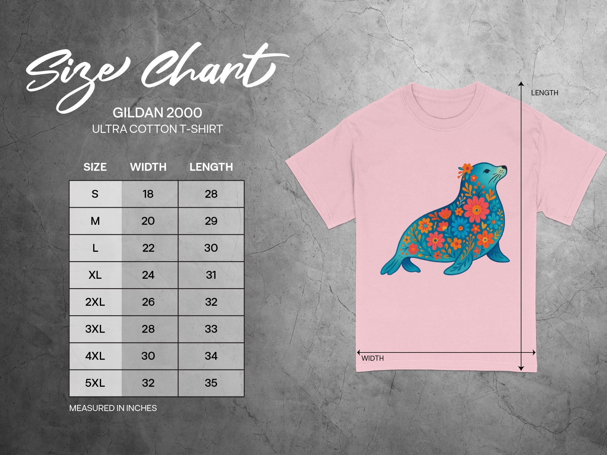 Gildan 2000 Ultra Cotton T-Shirt size chart with floral seal graphic.