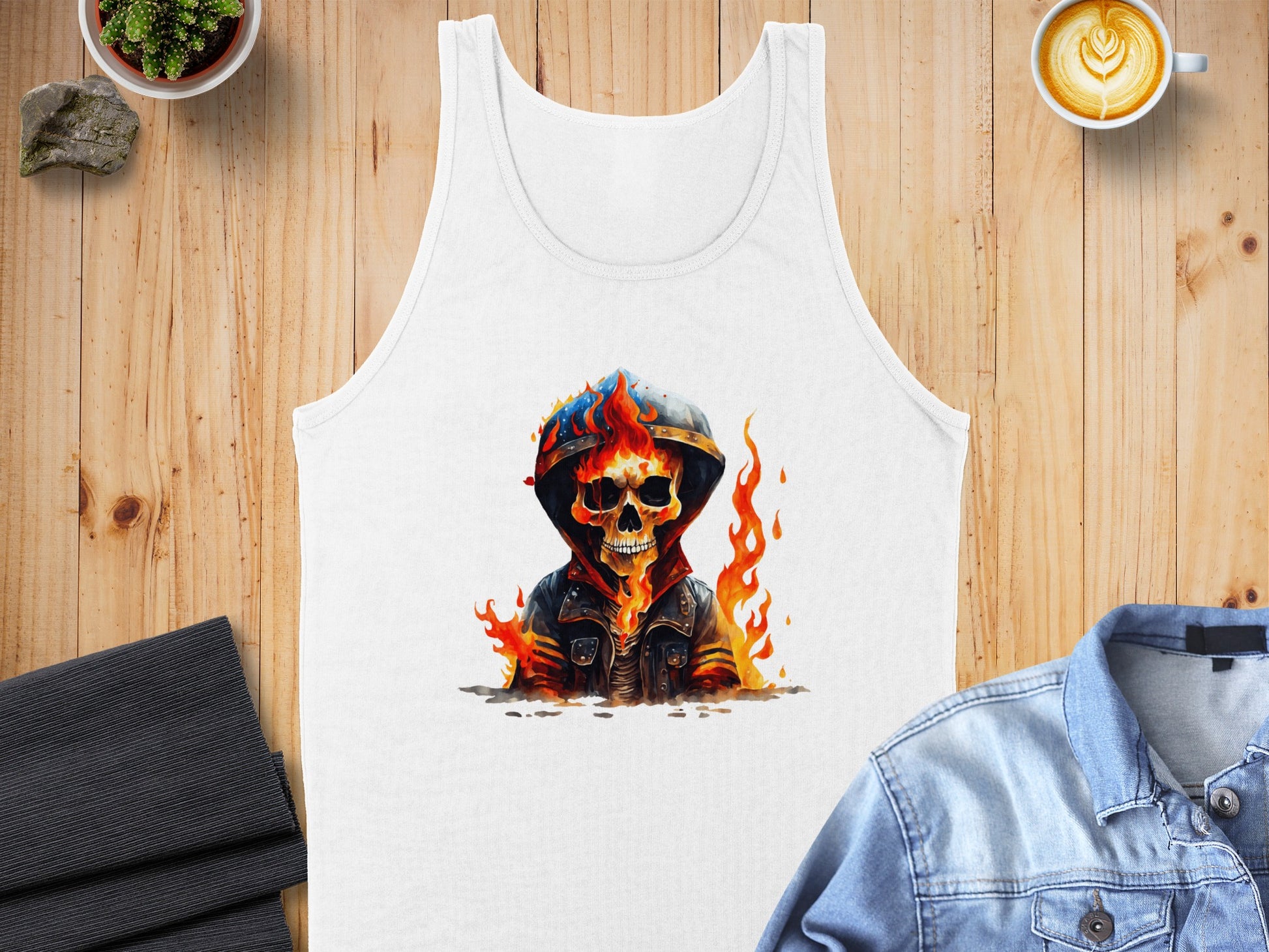 Fiery skull artwork on white sleeveless tank top product