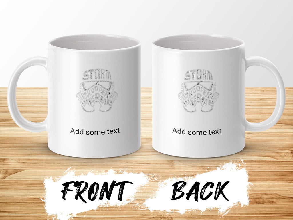 White mug with Stormtrooper helmet design, front and back views.