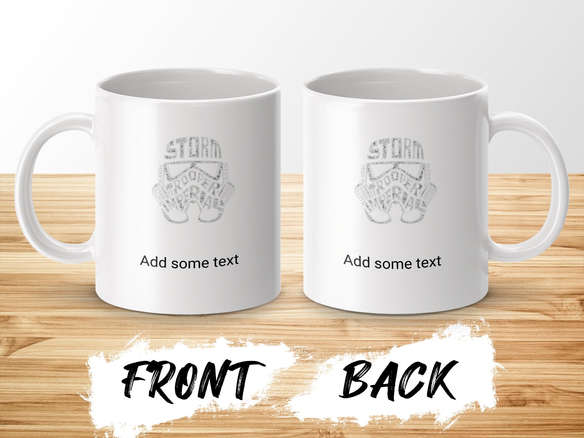 White mug with Stormtrooper helmet design, front and back views.