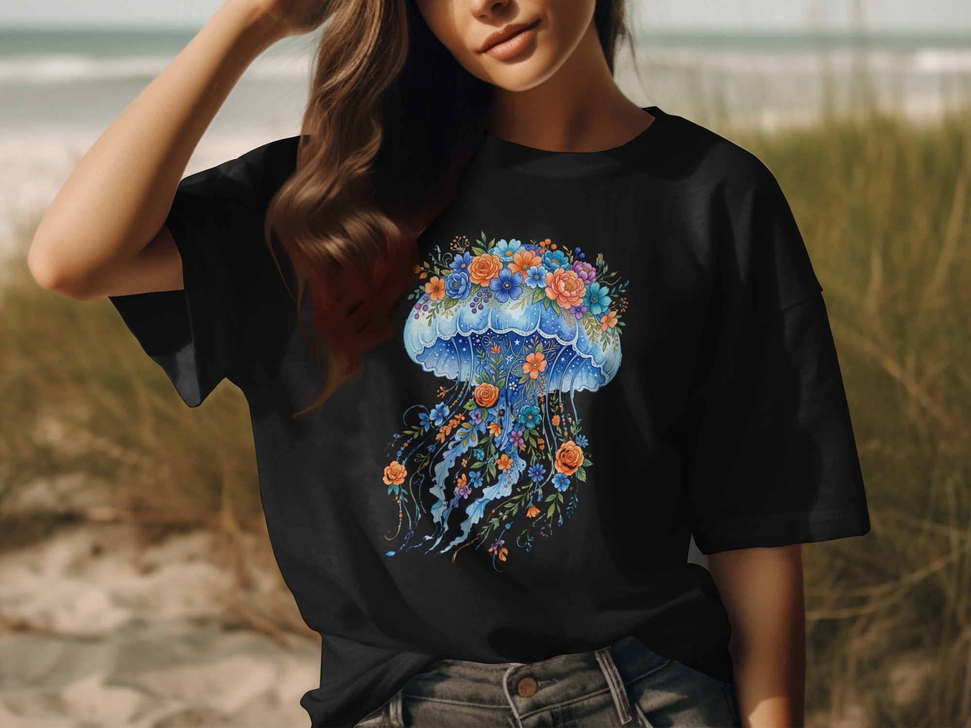 Black t-shirt with a colorful floral jellyfish graphic on the front.