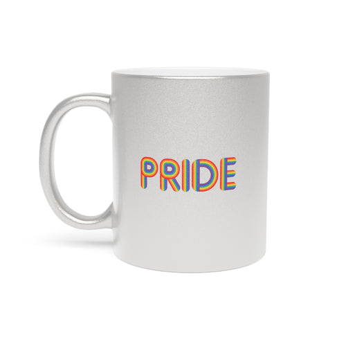 Silver mug with rainbow "PRIDE" text.