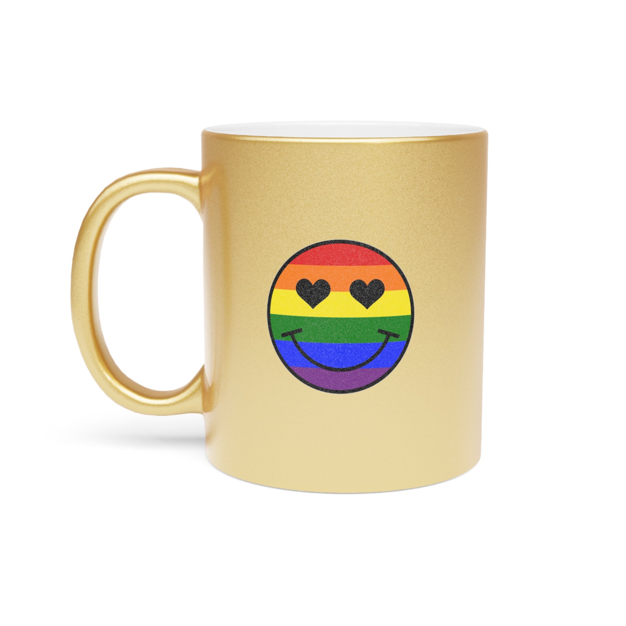 Gold mug with rainbow smiley face featuring heart-shaped eyes.