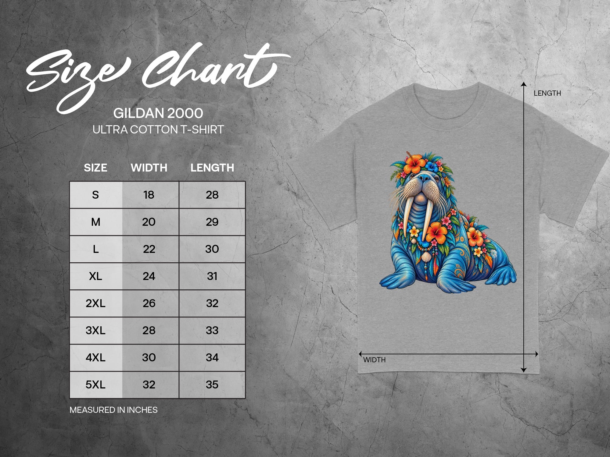 Gildan 2000 Ultra Cotton T-Shirt size chart with measurements and walrus graphic.