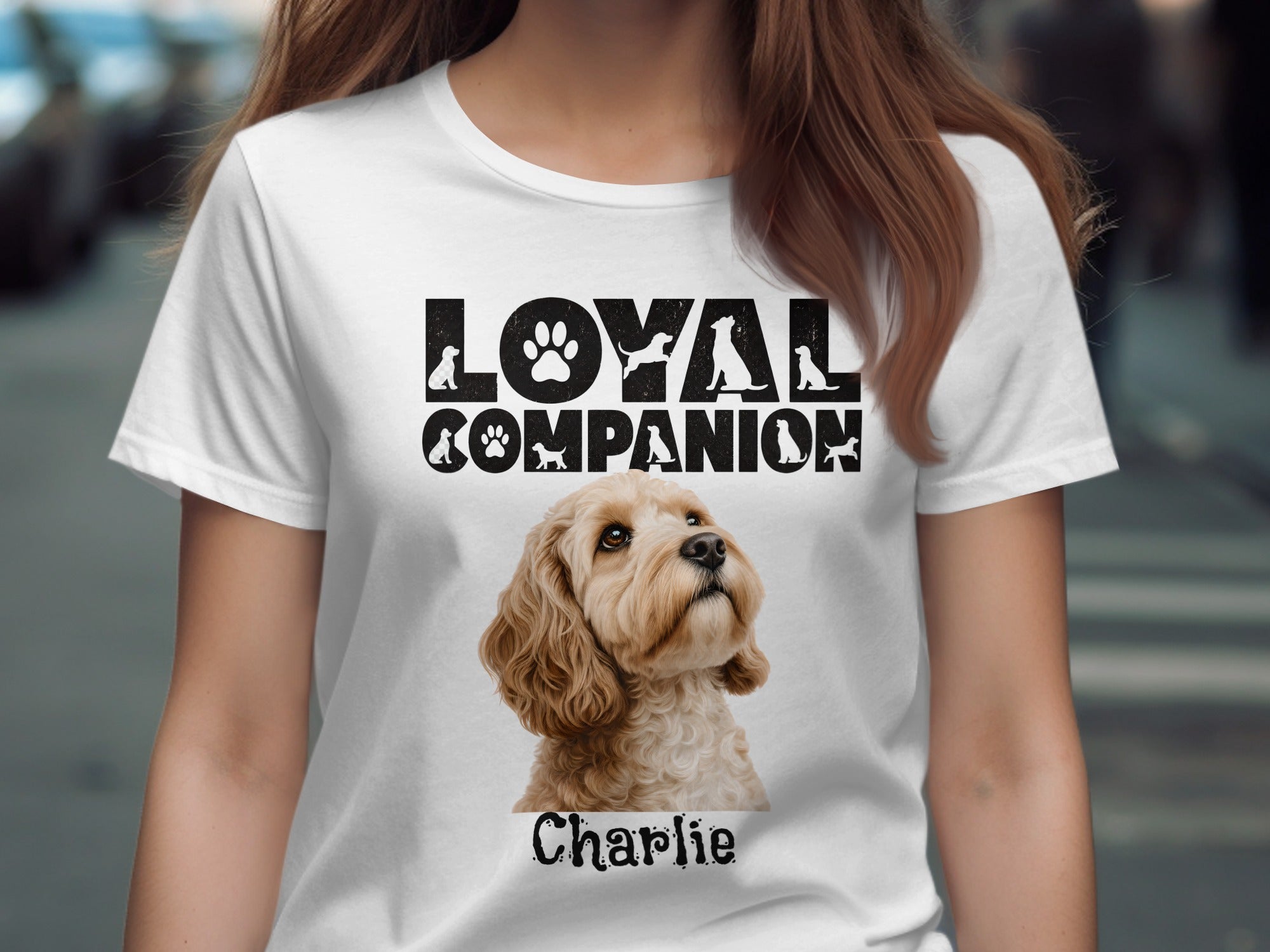 White t-shirt with "LOYAL COMPANION" text and a portrait of a dog named Charlie.