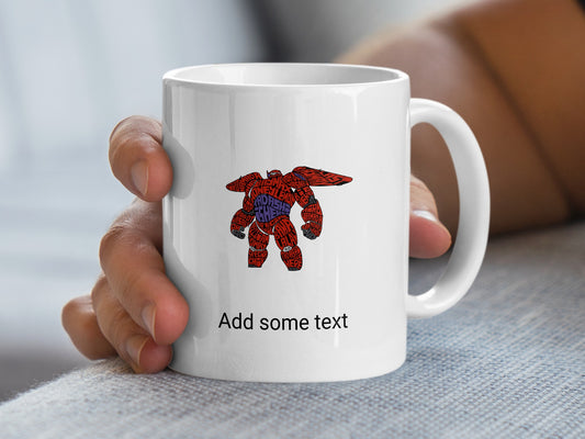 White mug with red text art depicting a robot, "Add some text" visible.
