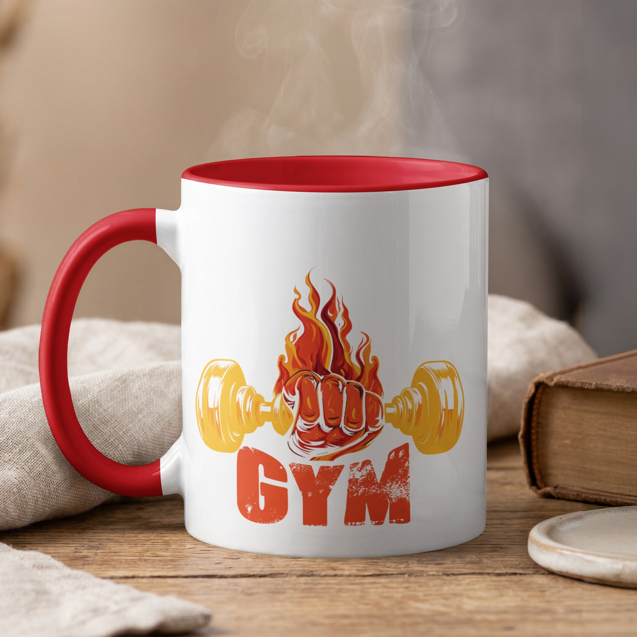 Red-handled mug with fiery dumbbell and "GYM" text.