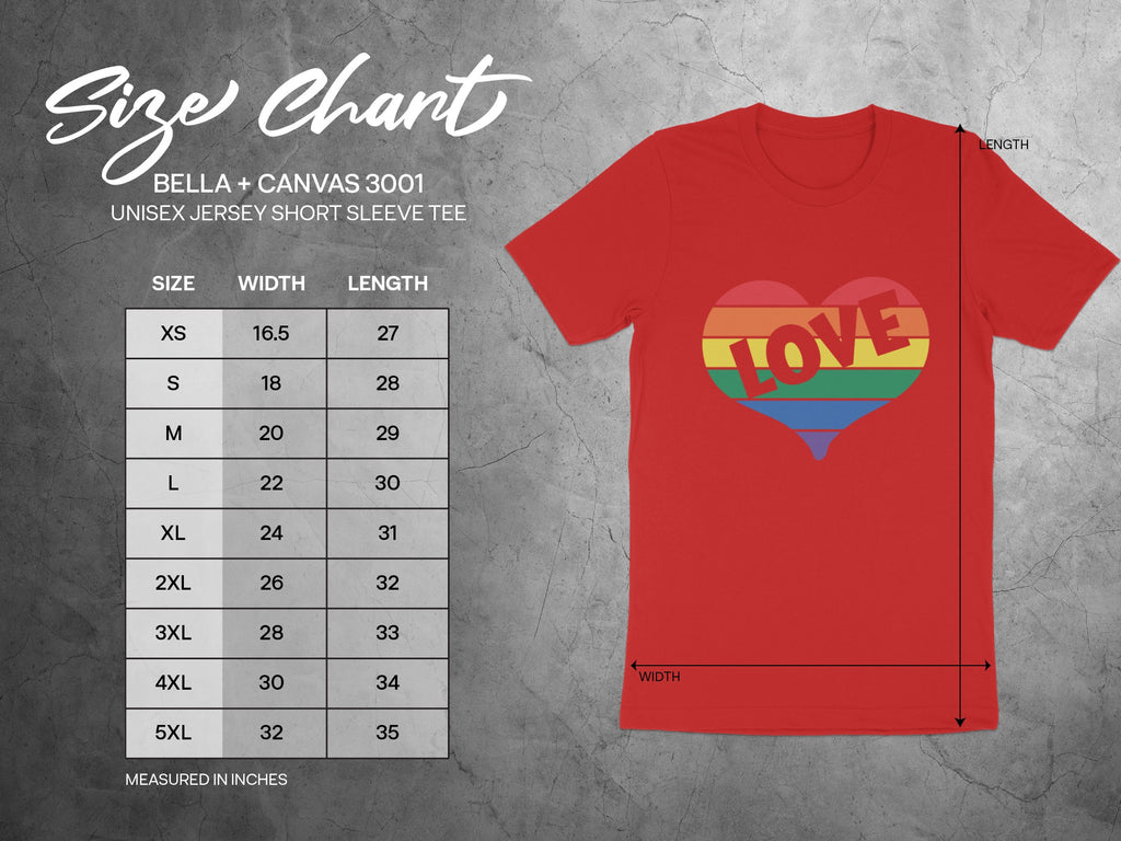BELLA + CANVAS 3001 unisex t-shirt size chart with width and length measurements.