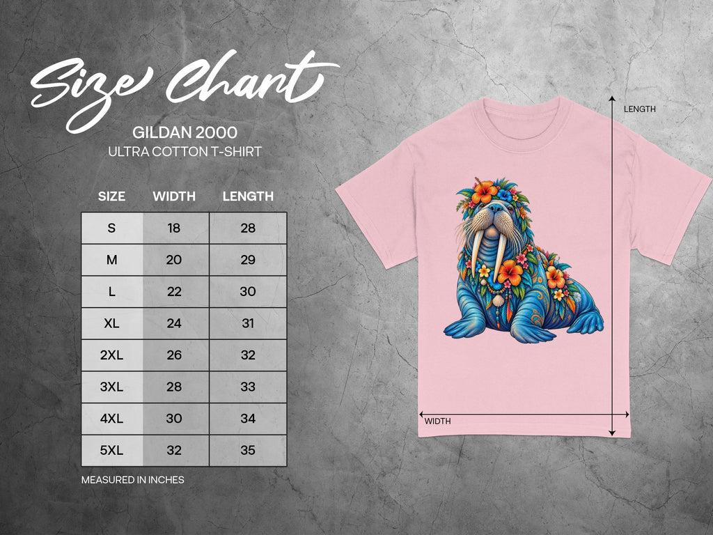 Gildan 2000 Ultra Cotton t-shirt size chart with a walrus graphic.
