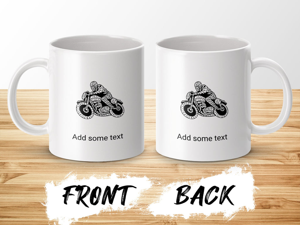 Two white mugs with motorcycle rider graphic and "Add some text".