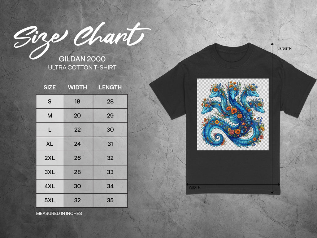 Gildan 2000 Ultra Cotton t-shirt size chart with blue dragon design.