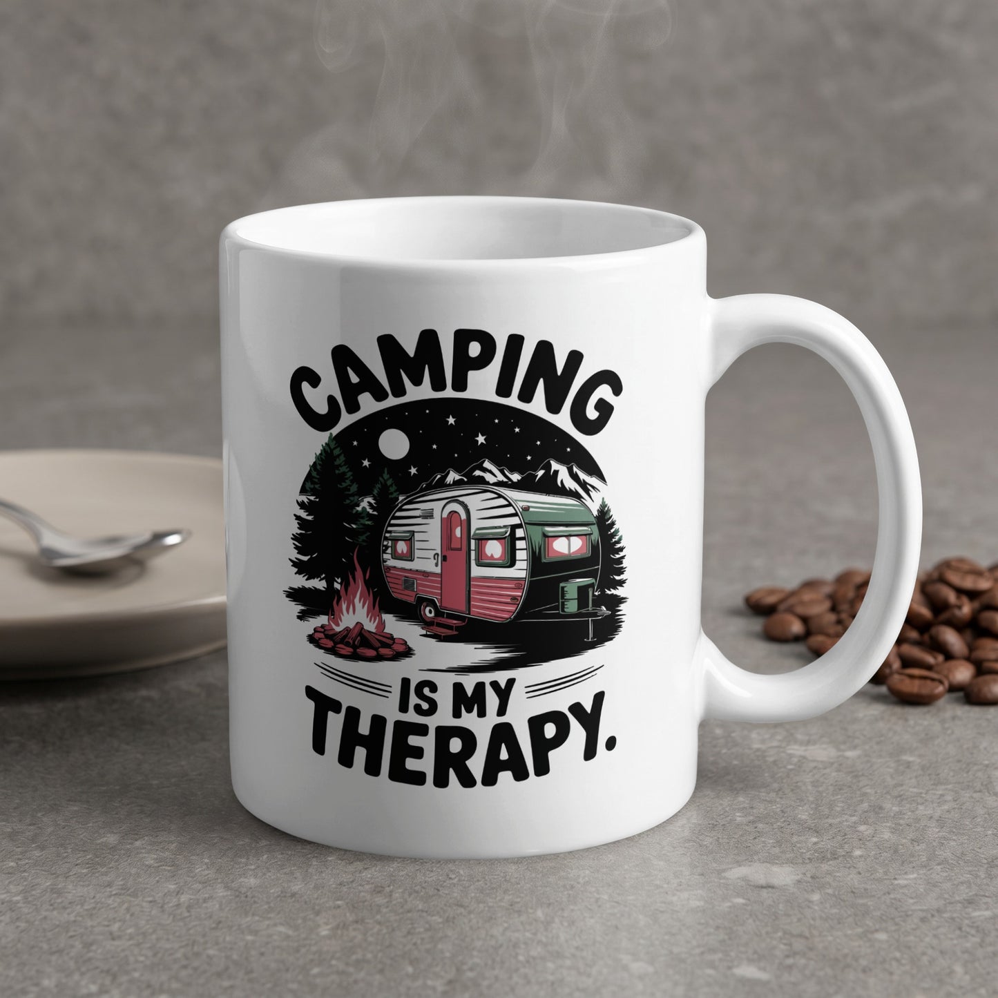 White mug with "Camping is my therapy" text and camper graphic.