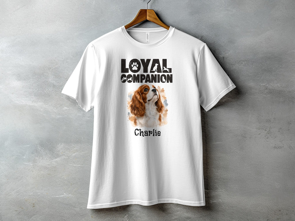 White t-shirt with "Loyal Companion" and a dog named Charlie.