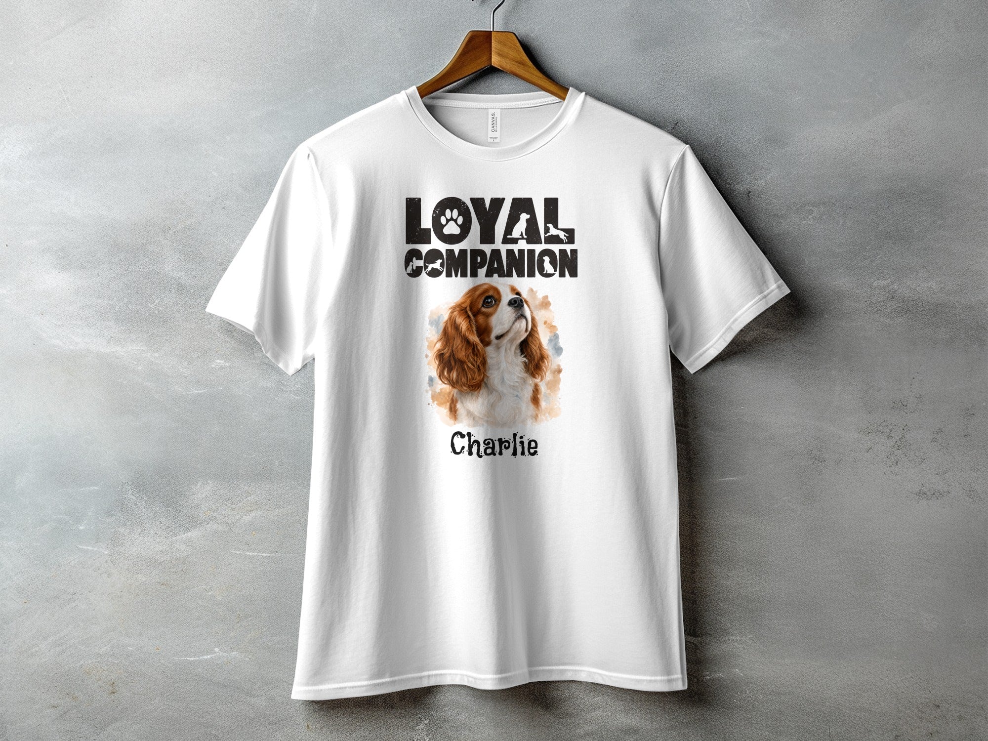 White t-shirt with "Loyal Companion" and a dog named Charlie.