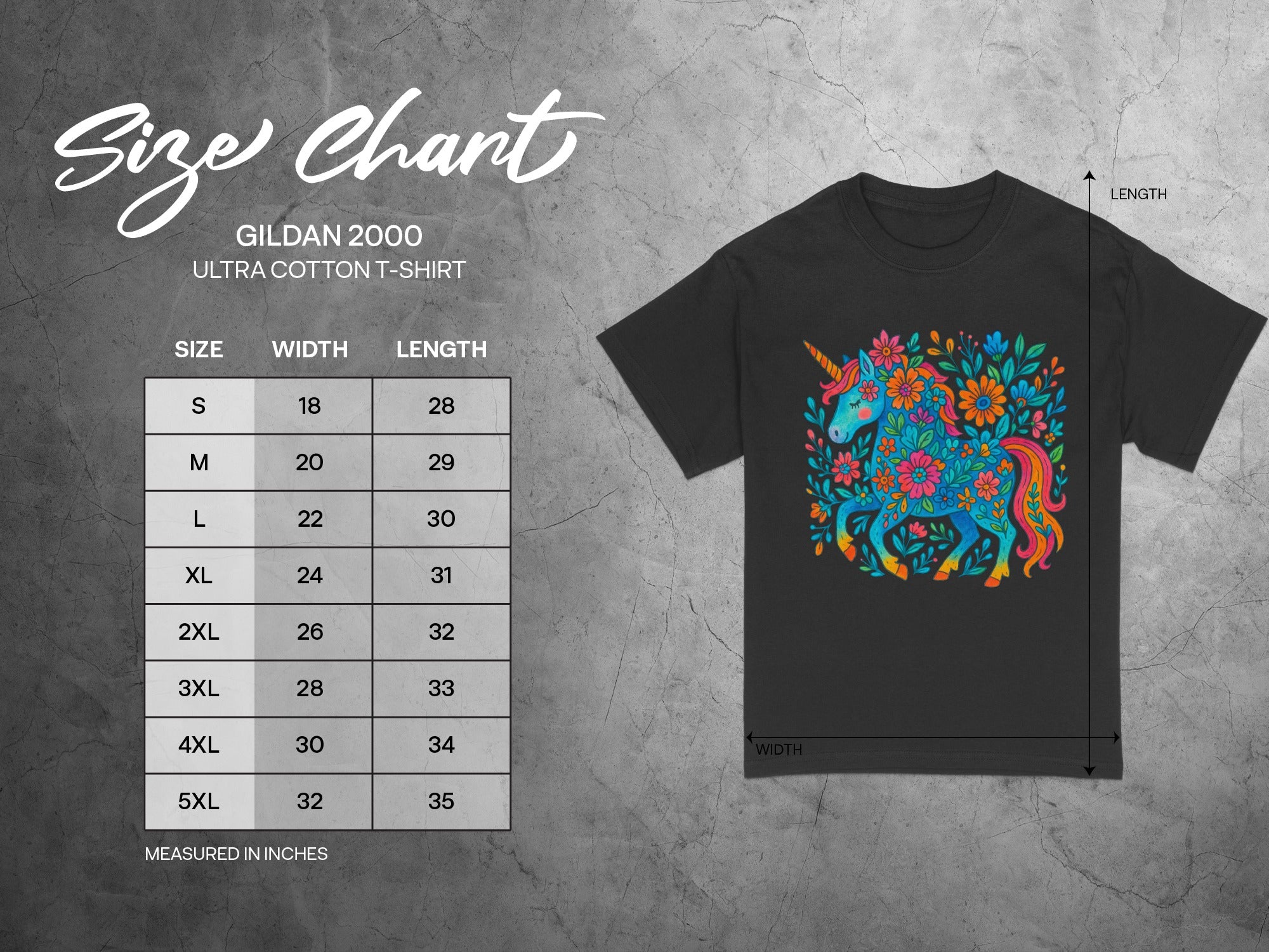 Gildan 2000 Ultra Cotton T-Shirt size chart with floral unicorn graphic.