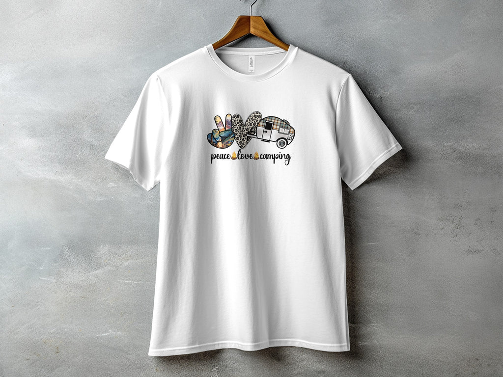 White t-shirt with graphic art featuring peace sign, heart, camper, and text.