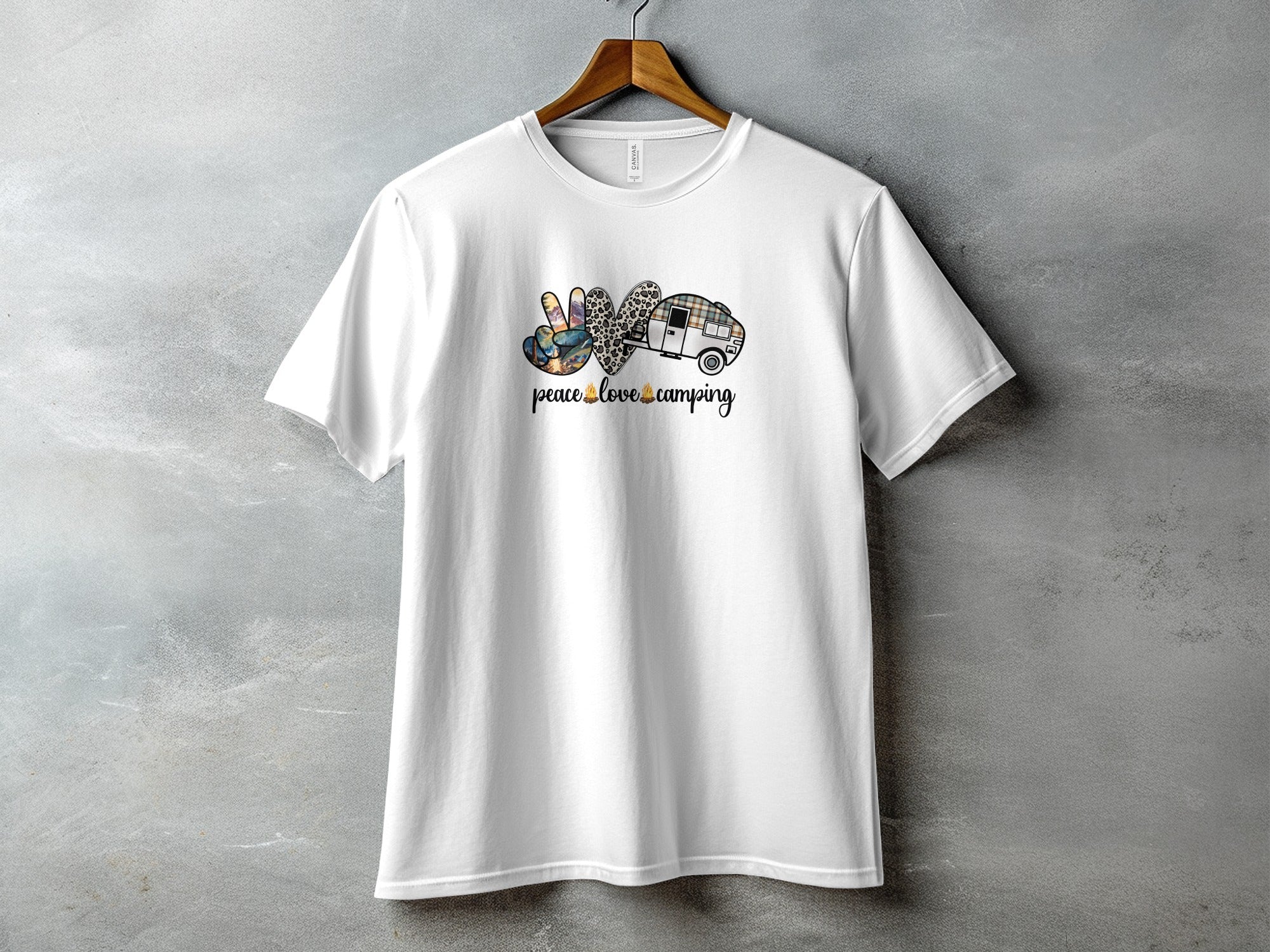 White t-shirt with graphic art featuring peace sign, heart, camper, and text.