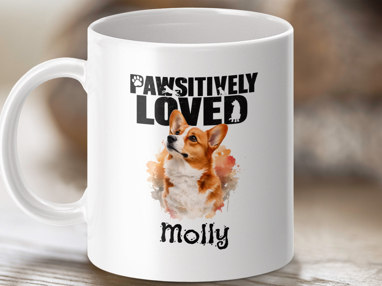 White mug with tri-color corgi portrait and text "Pawsitively Loved Molly".