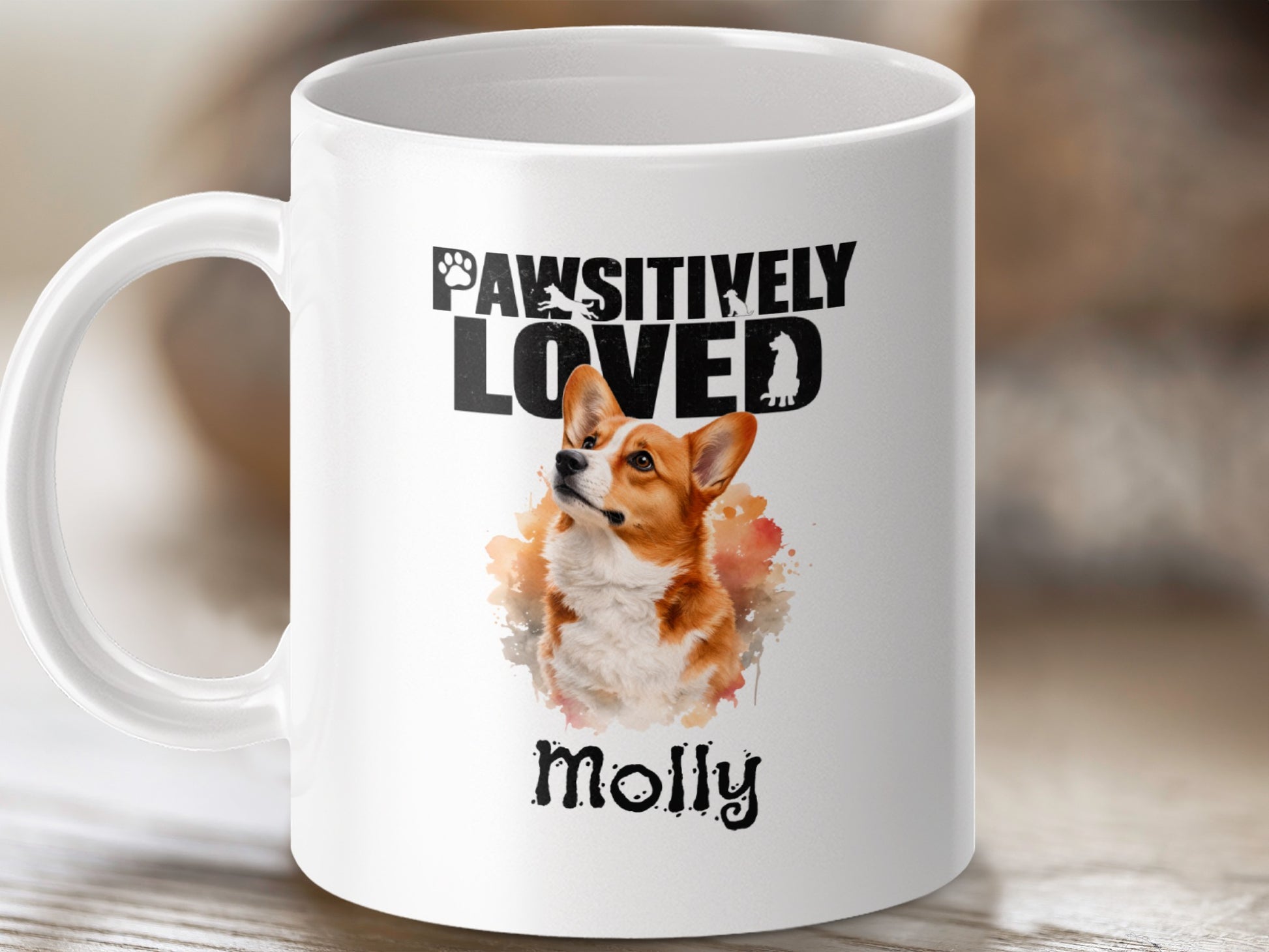 White mug with tri-color corgi portrait and text "Pawsitively Loved Molly".