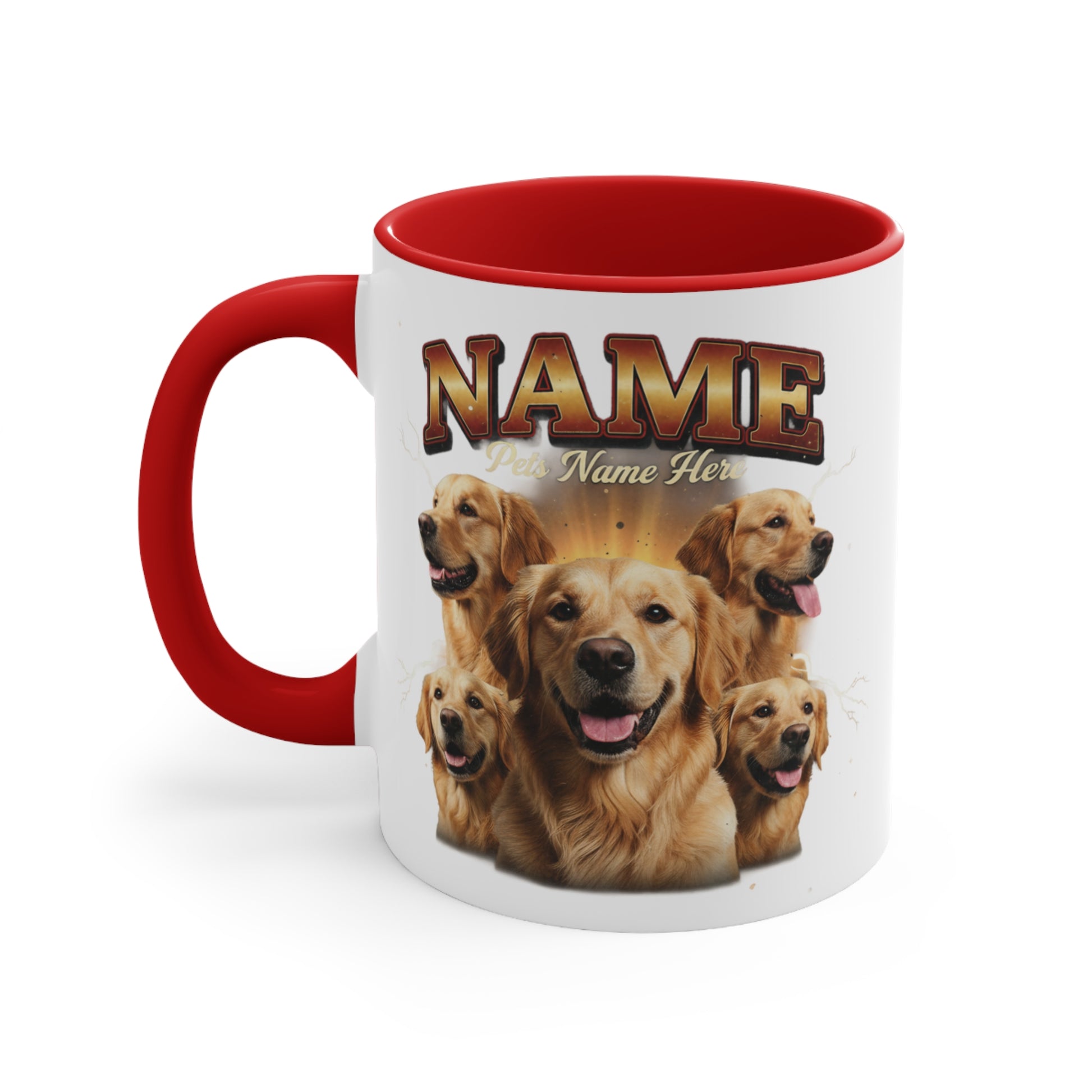 Mug with multiple golden retriever portraits and "Pets Name Here" text.
