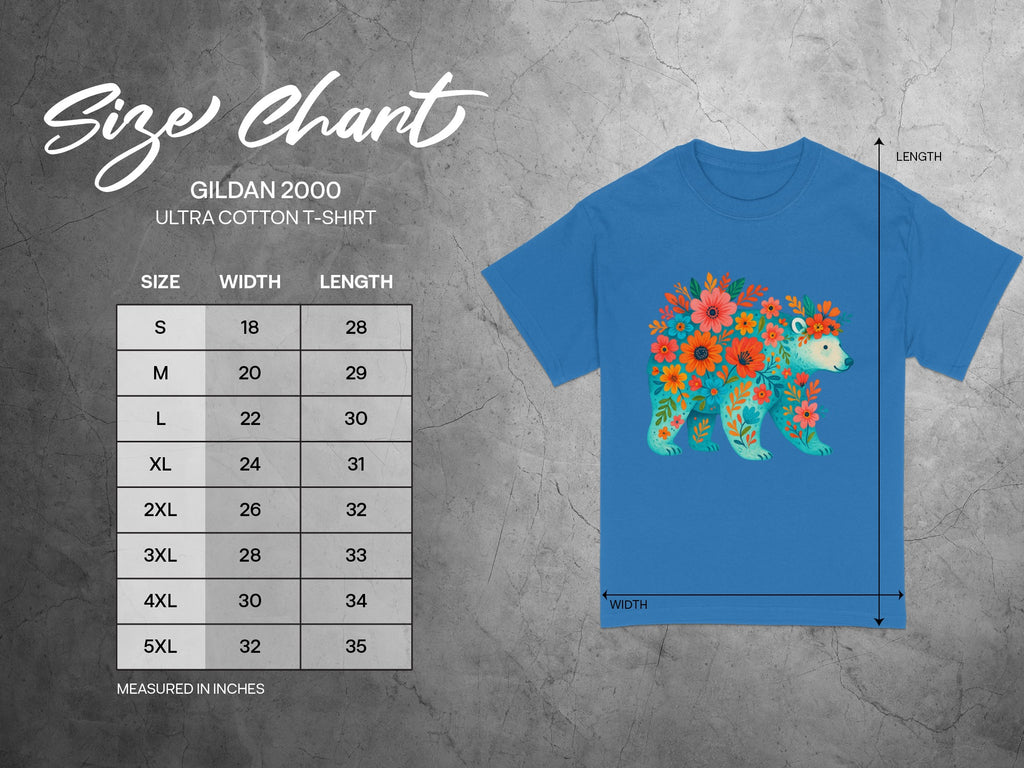 Gildan 2000 Ultra Cotton t-shirt size chart with floral bear graphic.