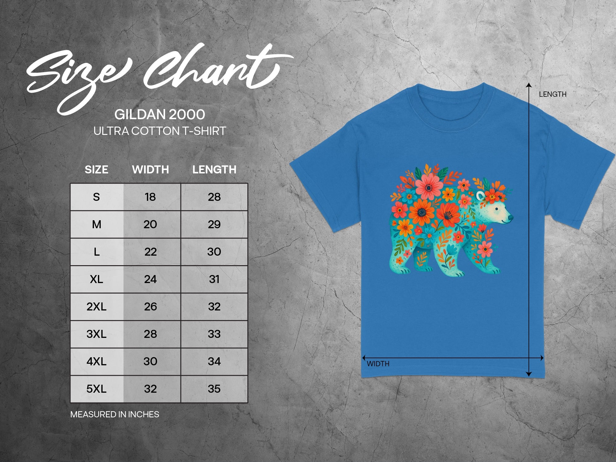 Gildan 2000 Ultra Cotton t-shirt size chart with floral bear graphic.