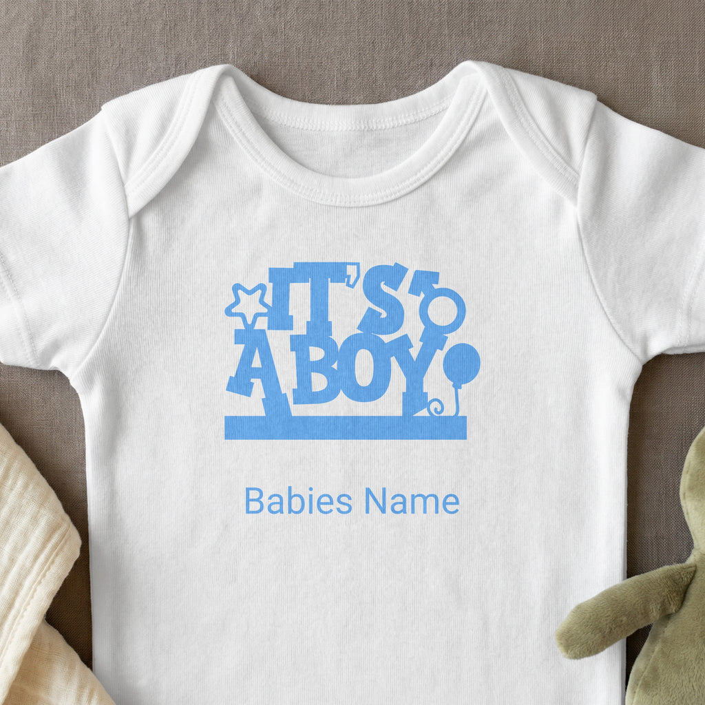 White baby onesie with blue "It's a Boy!" text and "Babies Name" placeholder.