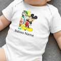 White baby onesie with Mickey Mouse graphic and "Babies Name" text.