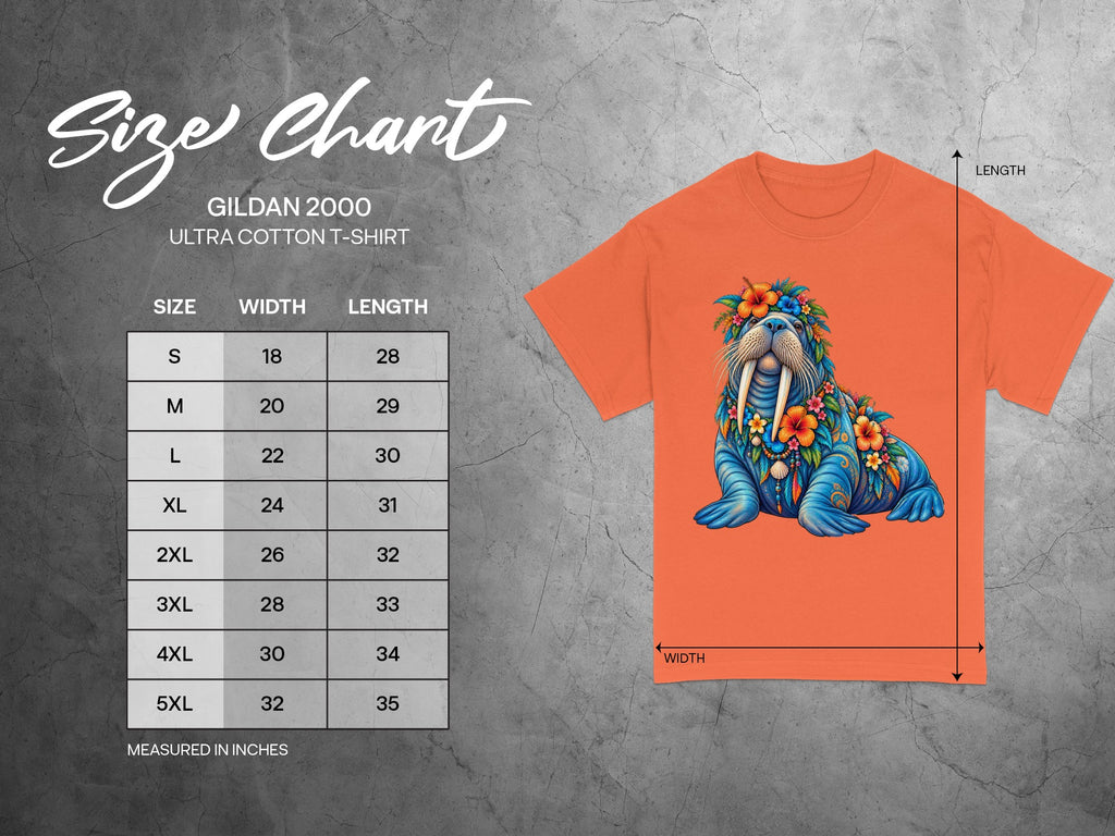 Gildan 2000 Ultra Cotton t-shirt size chart with walrus graphic.