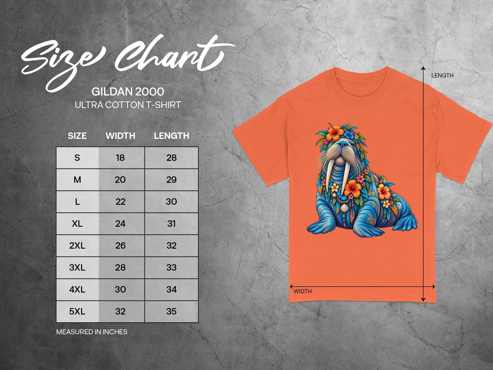 Gildan 2000 Ultra Cotton t-shirt size chart with walrus graphic.