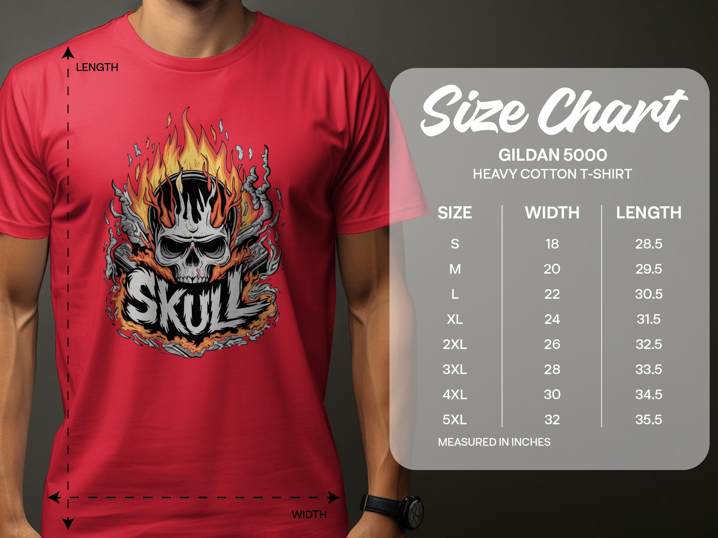 Skull Graphic Design Red Tee Shirt with Sizing Chart