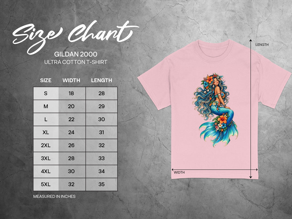 Gildan 2000 Ultra Cotton T-Shirt size chart showing width and length in inches.