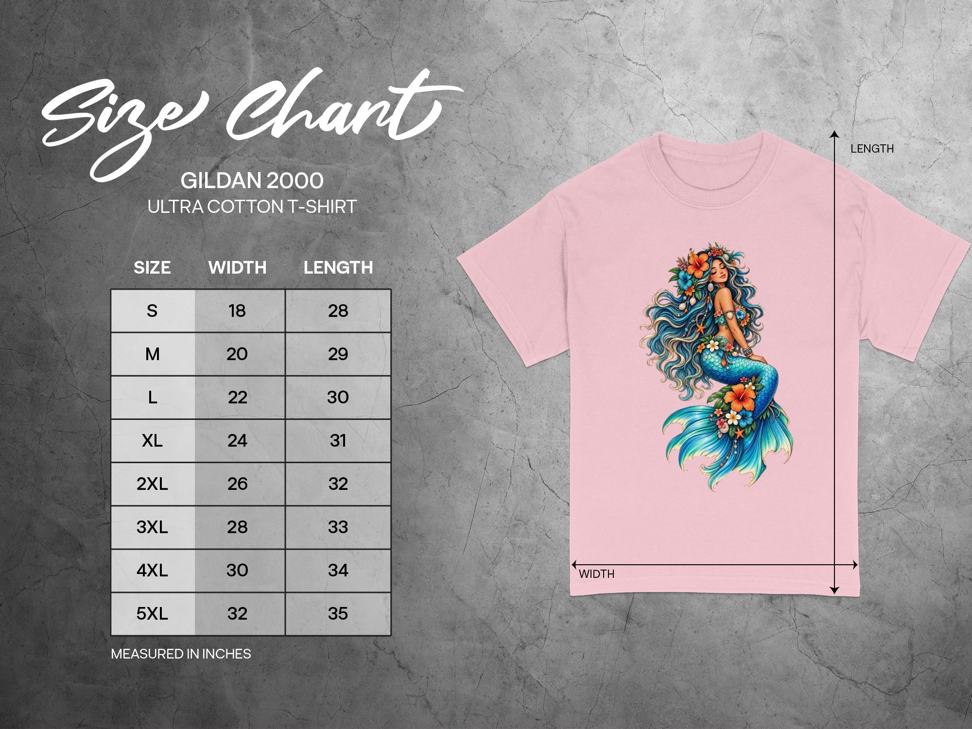 Gildan 2000 Ultra Cotton T-Shirt size chart showing width and length in inches.