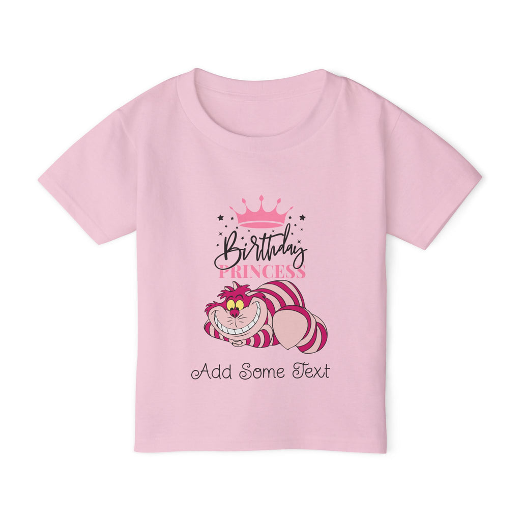 Pink t-shirt with Cheshire Cat, "Birthday Princess", and "Add Some Text".