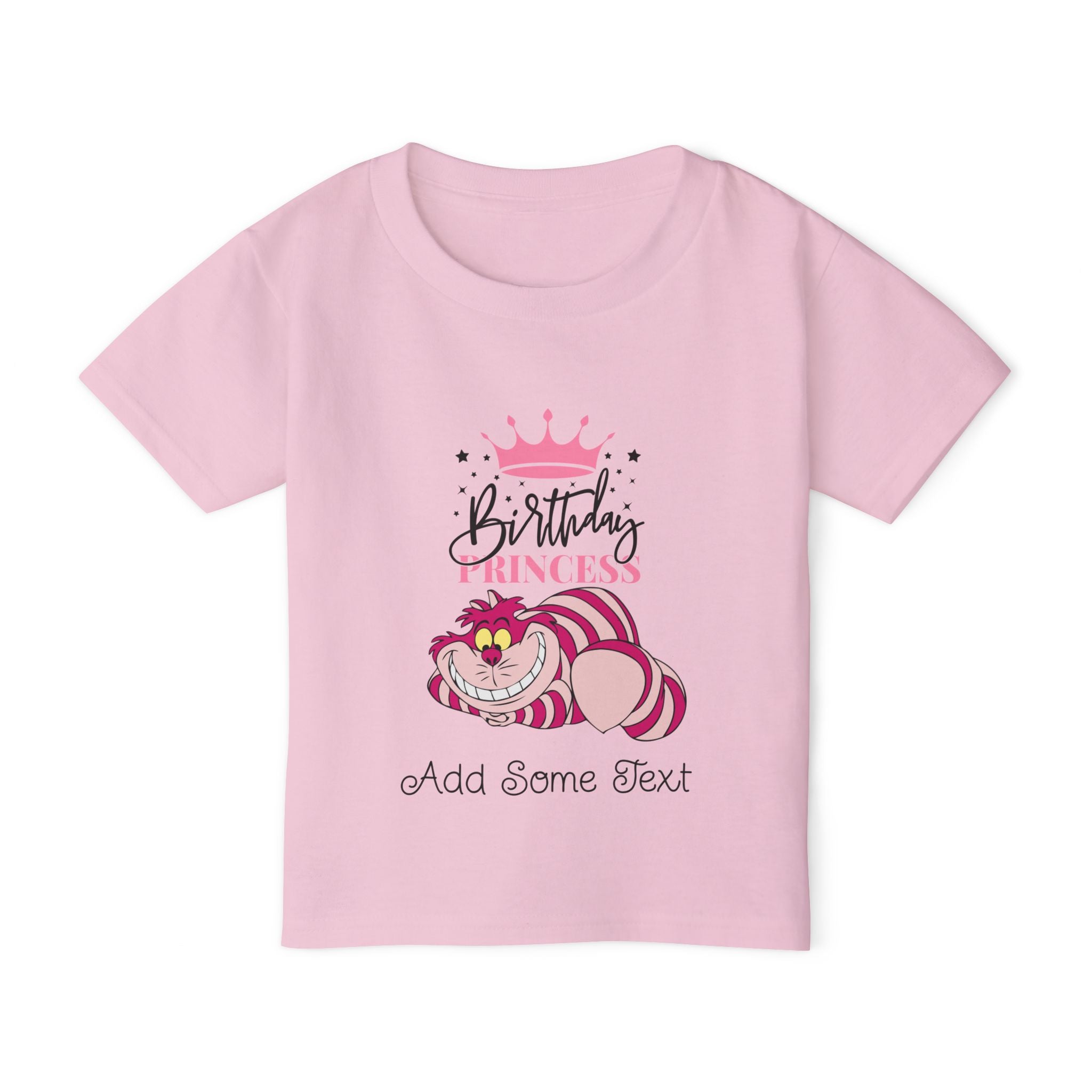Pink t-shirt with Cheshire Cat, "Birthday Princess", and "Add Some Text".