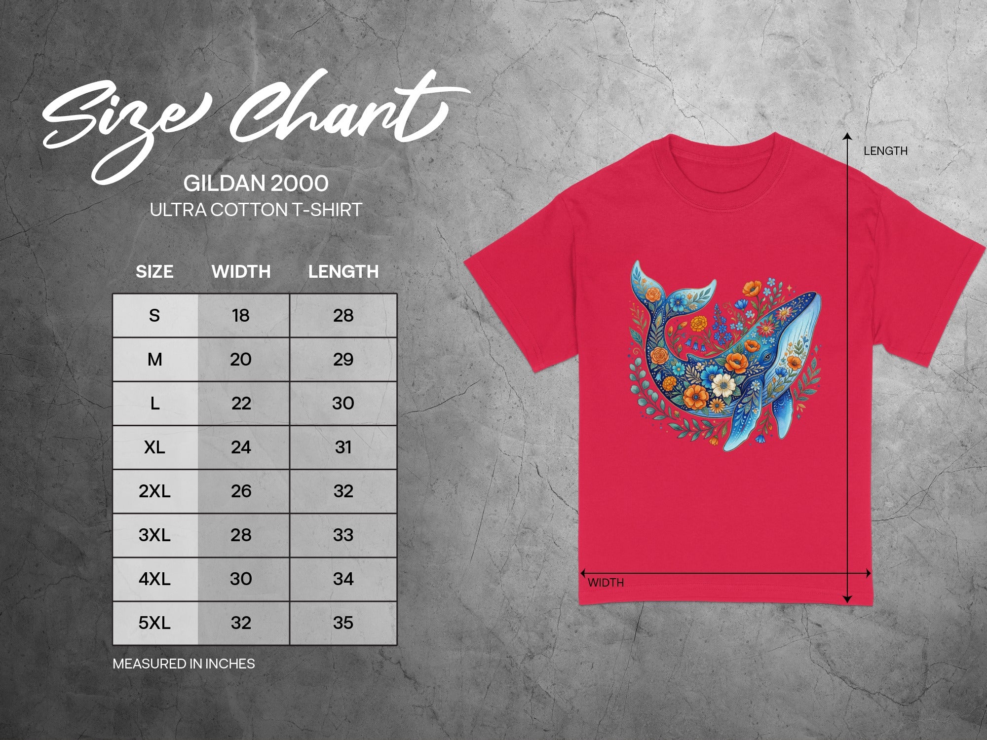 Gildan 2000 Ultra Cotton t-shirt size chart with measurements for width and length.