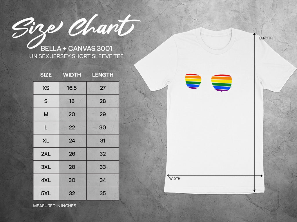 Size chart for Bella + Canvas 3001 unisex short sleeve tee, with width and length measurements.