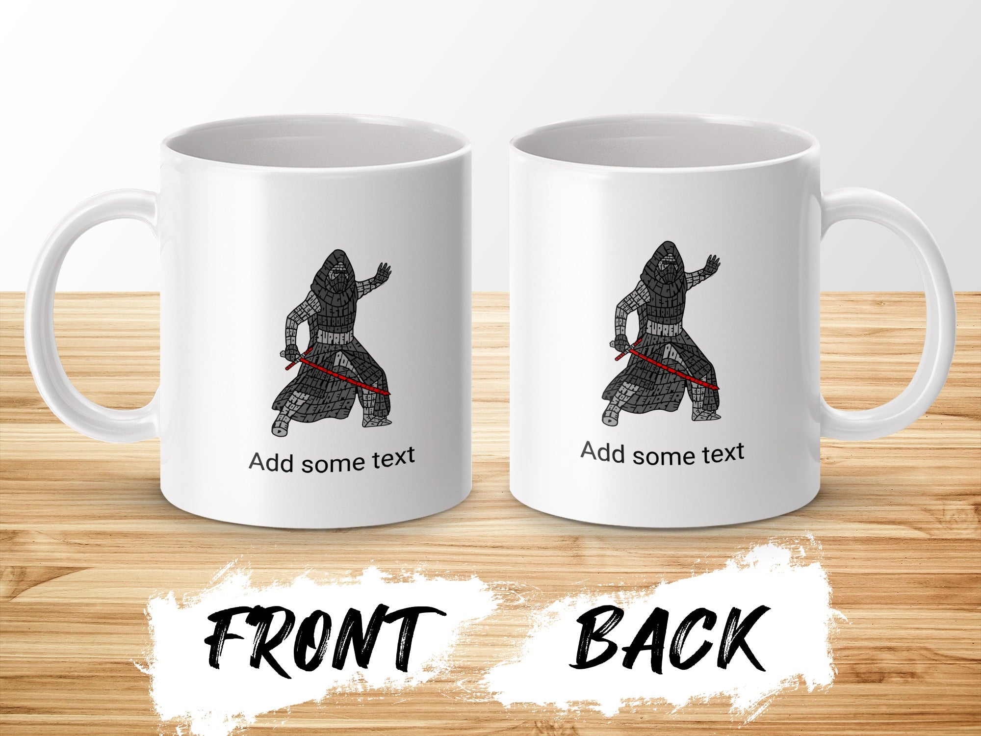 White mug with warrior illustration on front and back, with "Add some text" placeholder.