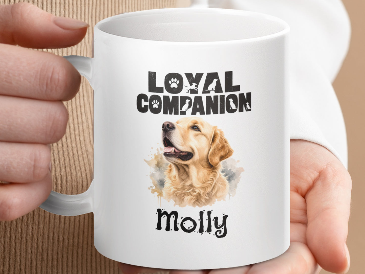 White mug with "Loyal Companion" text and a watercolor dog portrait named Molly.