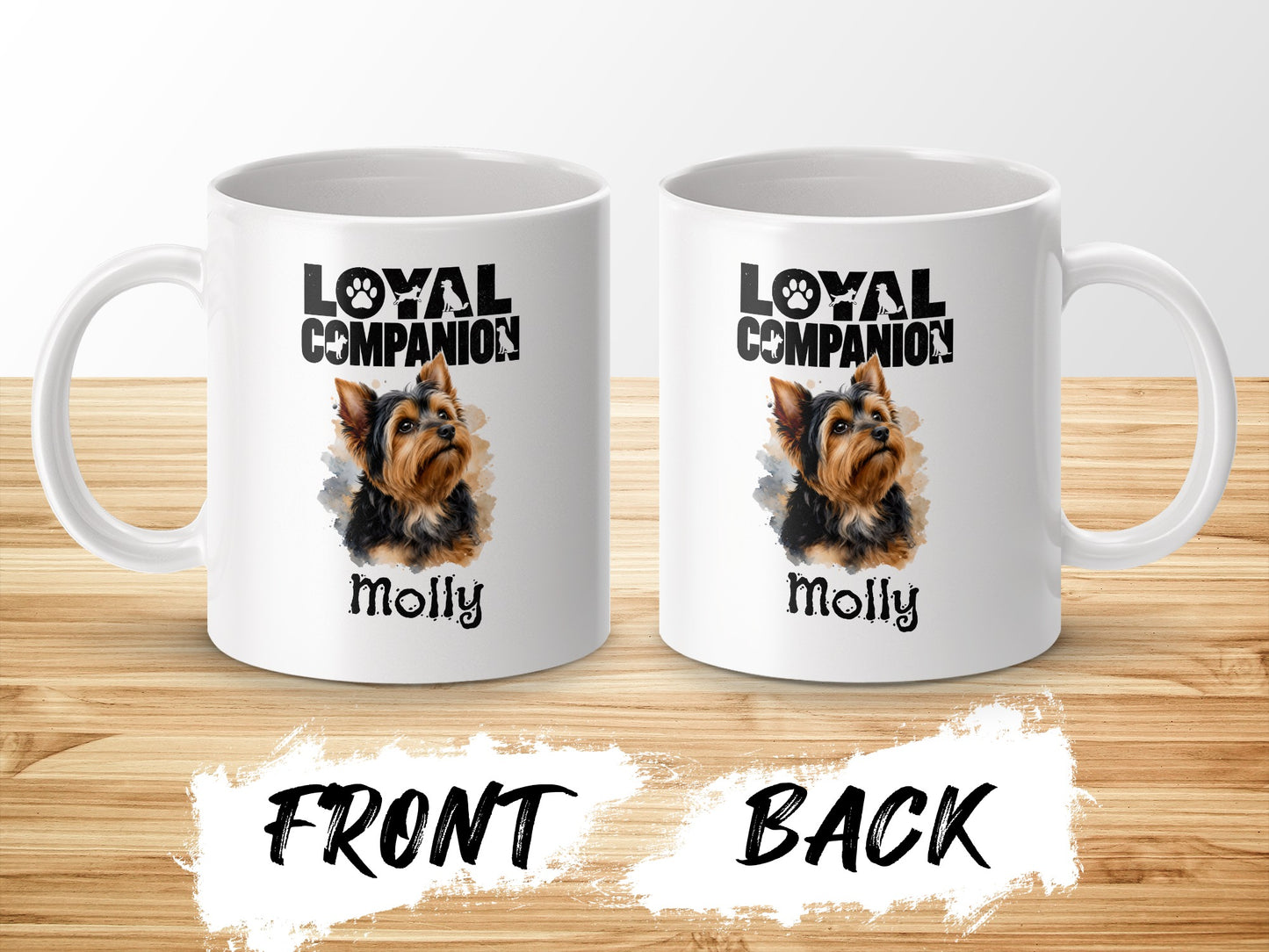 White mugs with Yorkshire Terrier design and "Molly" text, labeled front and back.