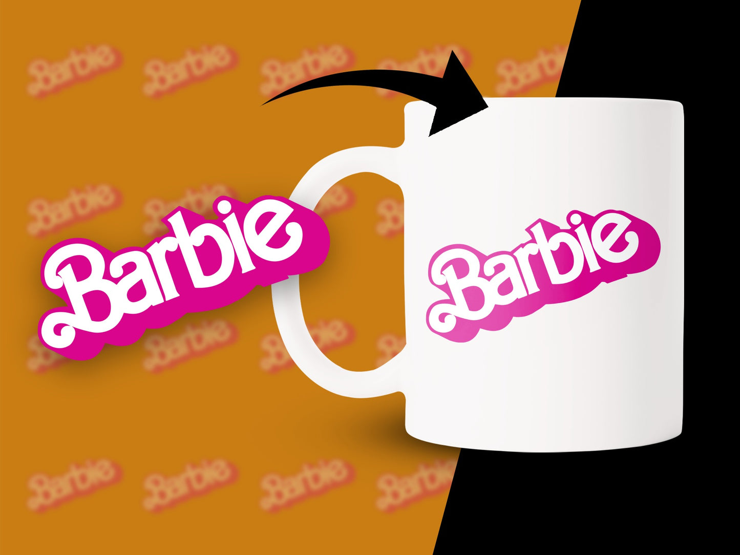 White mug with the pink Barbie logo and an arrow indicating its placement.