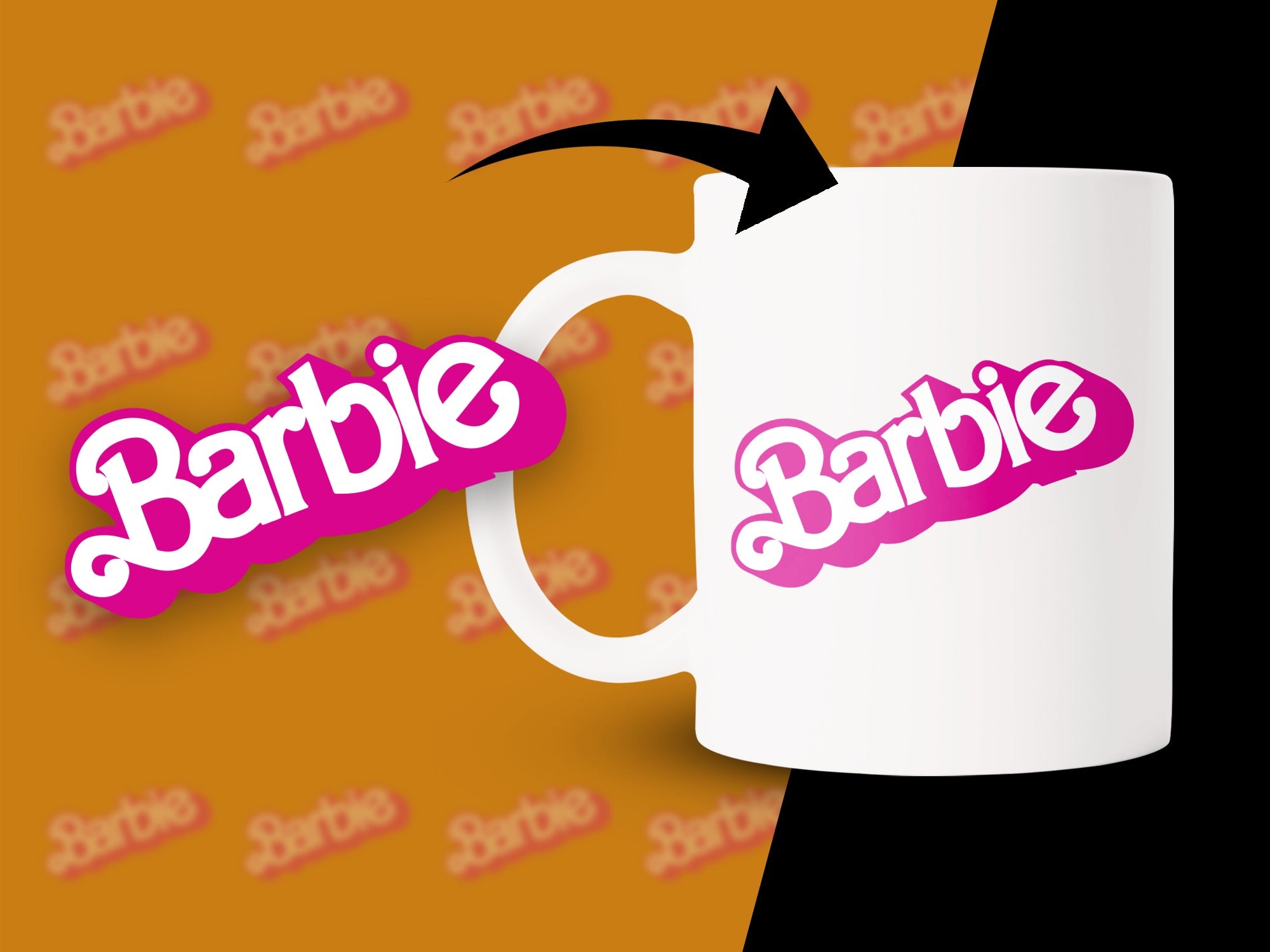 White mug with the pink Barbie logo and an arrow indicating its placement.