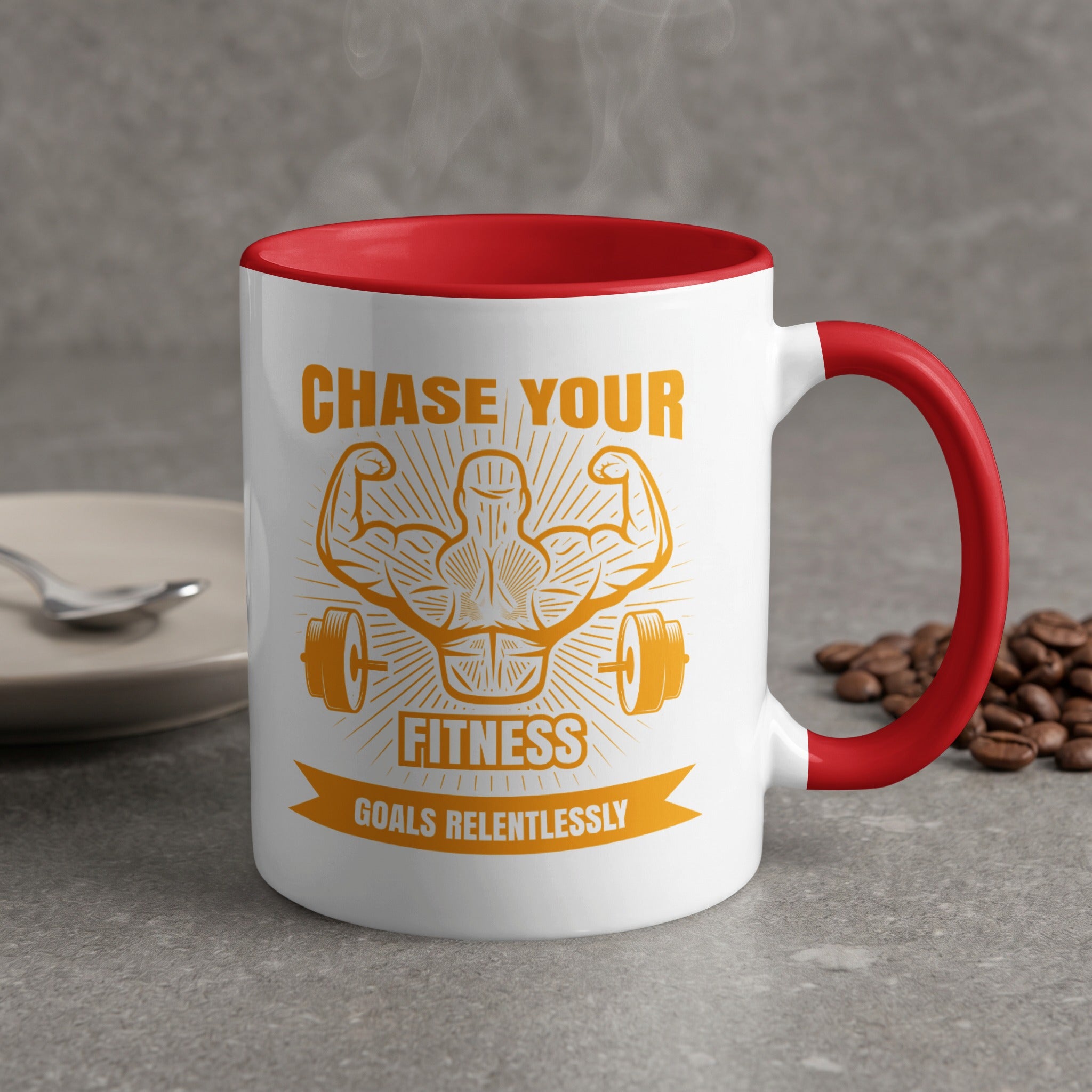 White mug with red rim, featuring muscle silhouette and text "CHASE YOUR FITNESS GOALS RELENTLESSLY".