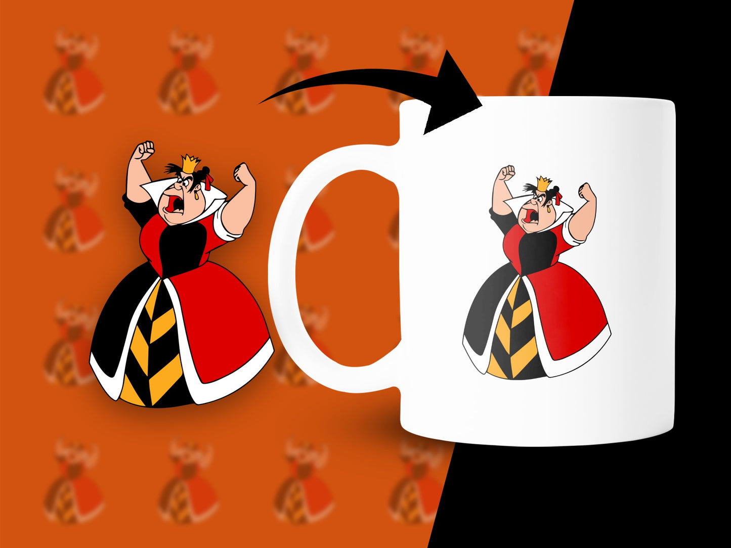 Queen of Hearts on a white mug with an orange background pattern.