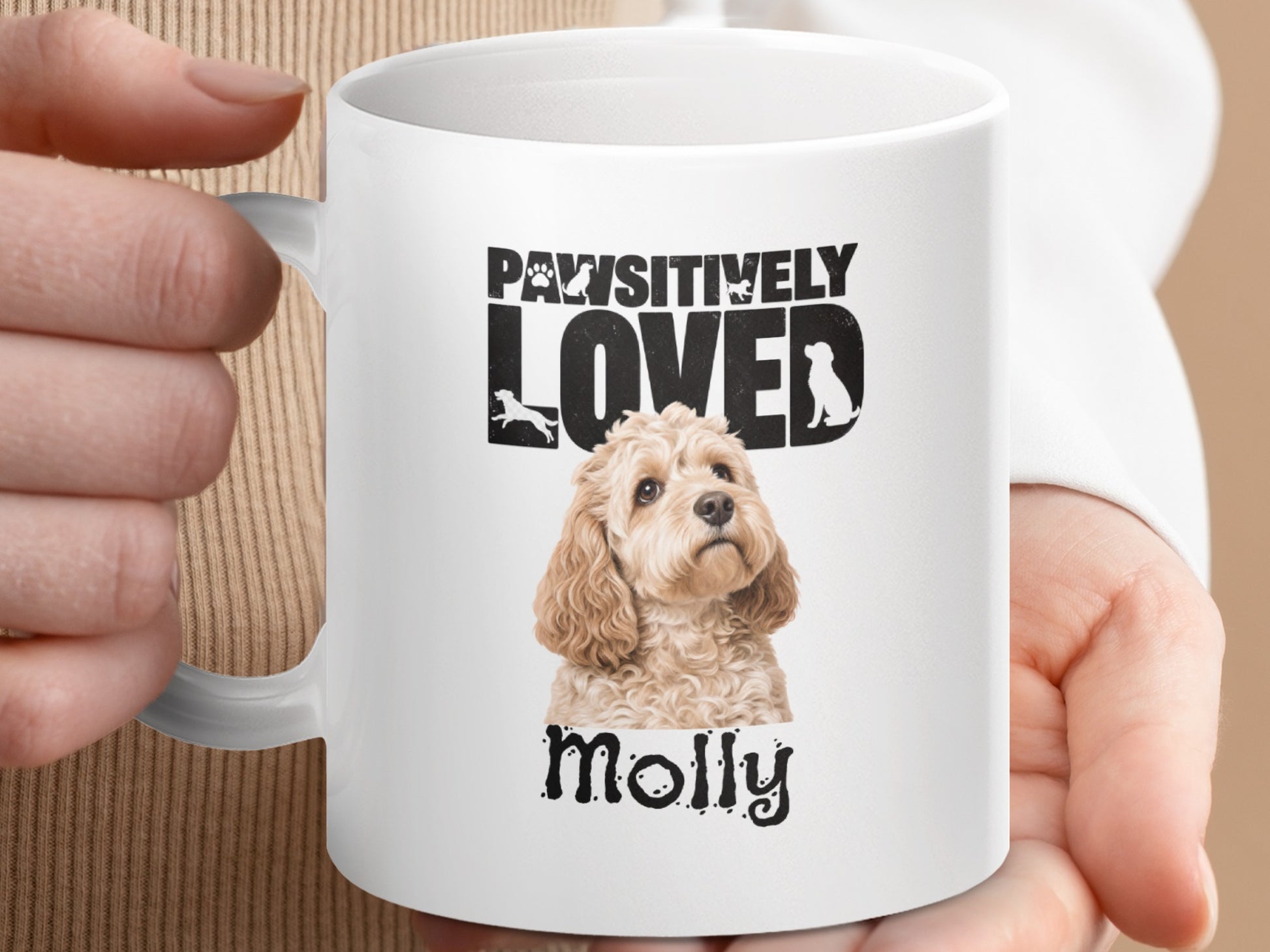 White mug with "Pawsitively Loved" text, a dog illustration, and the name Molly.